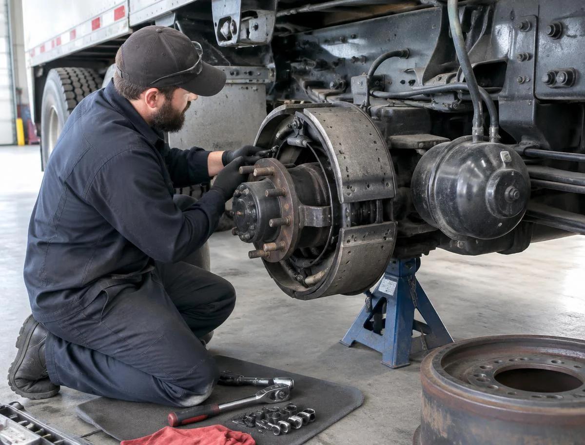 Mechanic inspecting an exposed heavy-duty truck brake assembly with the wheel removed