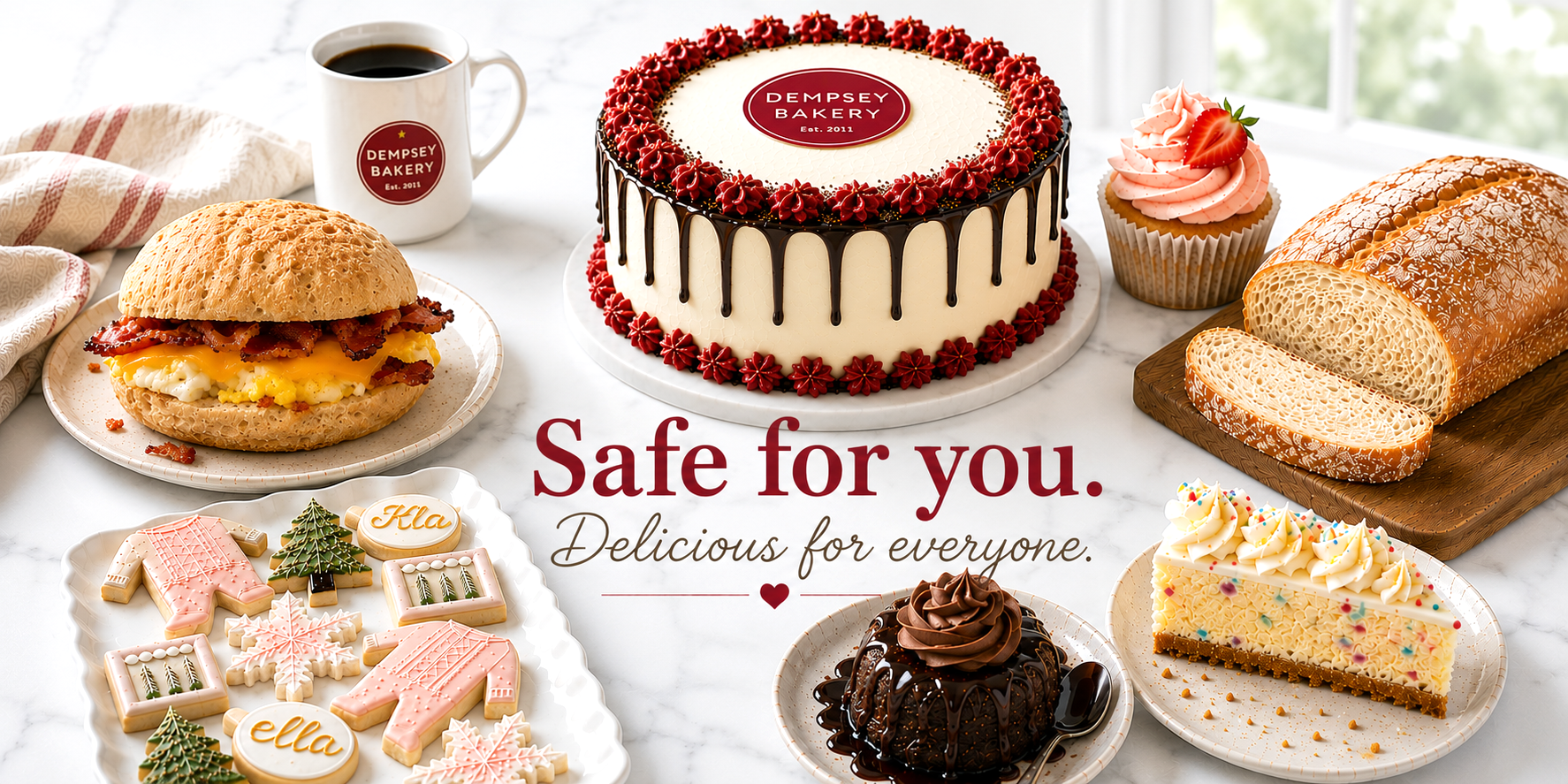 Collage of Dempsey Bakery sandwiches, cupcakes, cookies, and cake pops with text reading “Safe for you. Delicious for everyone.”