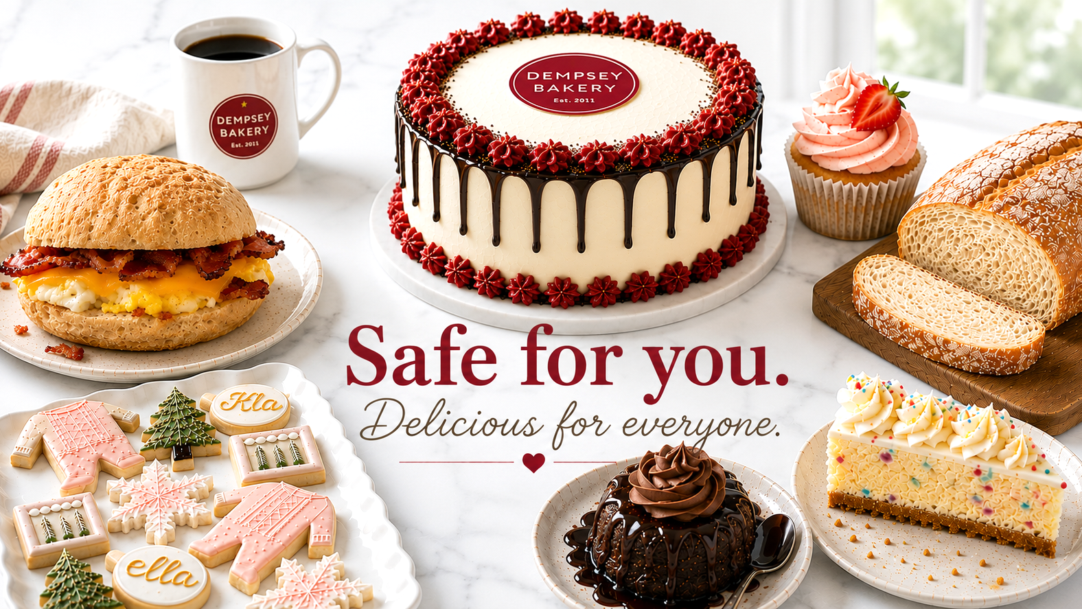 Collage of Dempsey Bakery sandwiches, cupcakes, cookies, and cake pops with text reading “Safe for you. Delicious for everyone.”