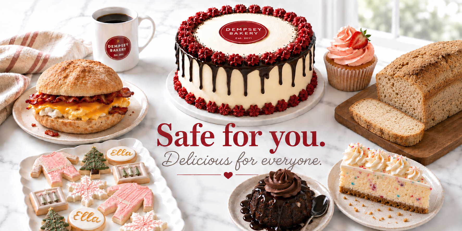 Collage of Dempsey Bakery sandwiches, cupcakes, cookies, and cake pops with text reading “Safe for you. Delicious for everyone.”
