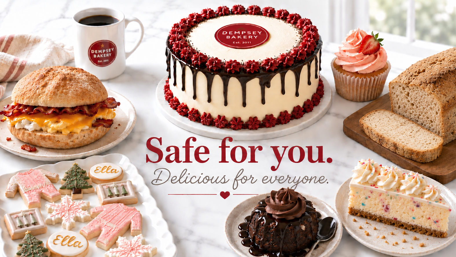 Collage of Dempsey Bakery sandwiches, cupcakes, cookies, and cake pops with text reading “Safe for you. Delicious for everyone.”