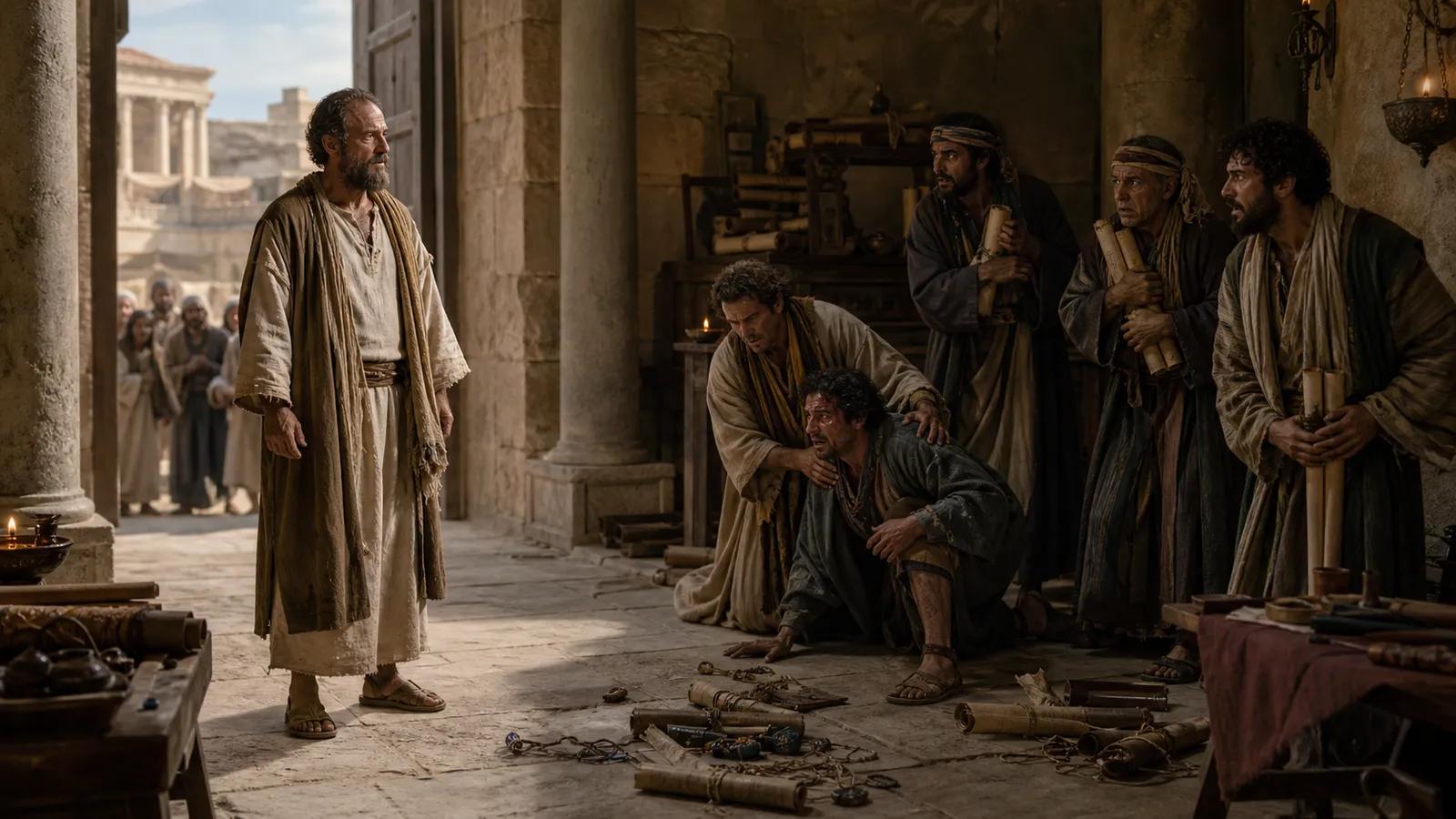 Ancient scene with robed figures; one man stands authoritatively while another kneels on stone floor surrounded by scattered