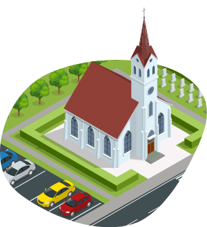 isometric-church-with-car-park