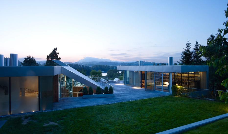 Roof terrace and lawn shot in evening light