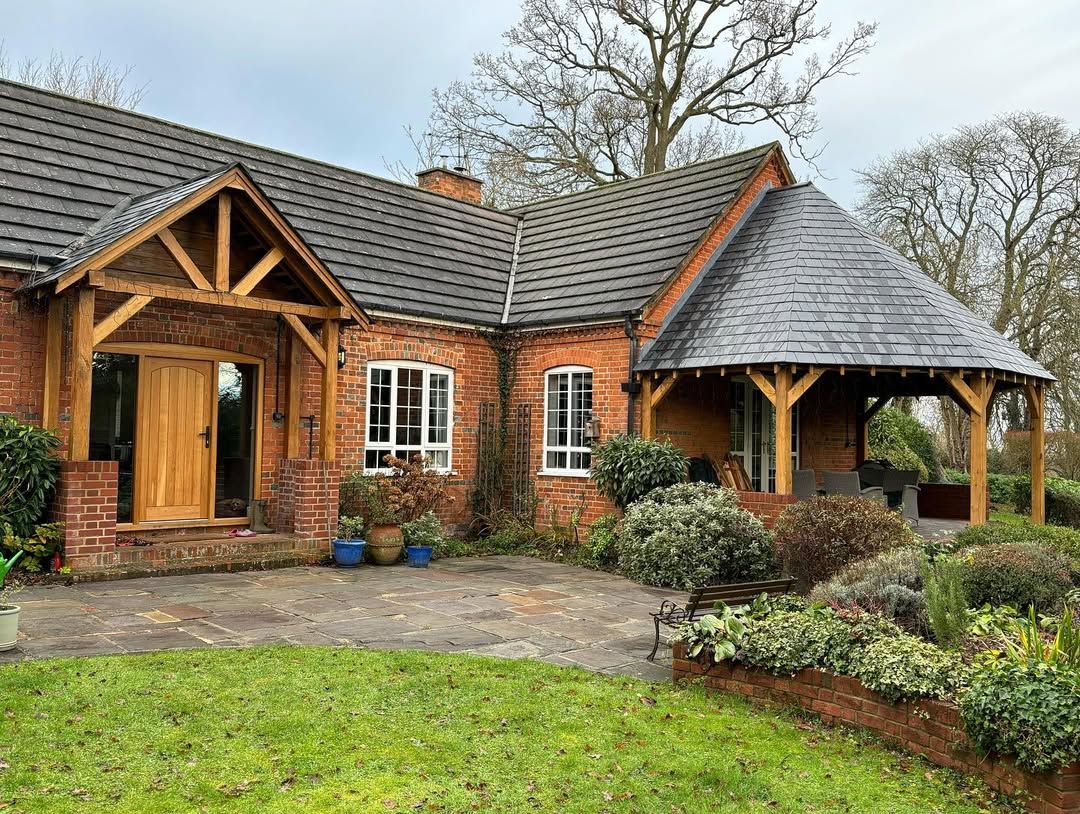 Front of house showing completed patio canopy in Burghfield, Reading