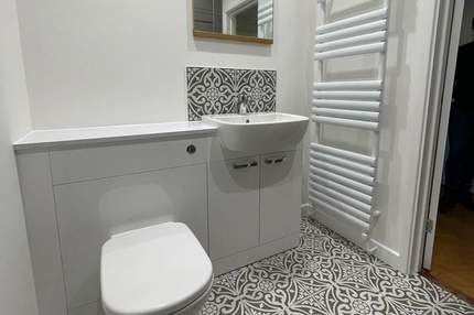 Completed bathroom renovation, from inside far corner, in Earley, Reading