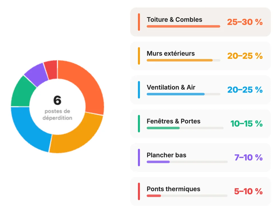 Répartition des déperditions énergétique d'une maison non rénovée