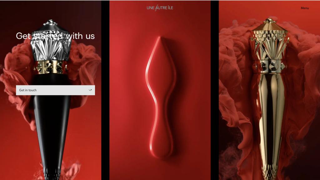 Une Autre Île Productions website: three red advertising stills of ornate lipstick cases