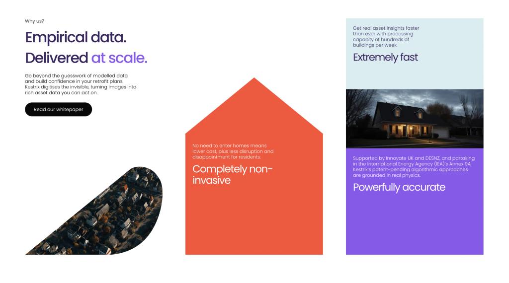 Kestrix website: “Empirical data. Delivered at scale.” with cards on non-invasive, fast and accurate surveys