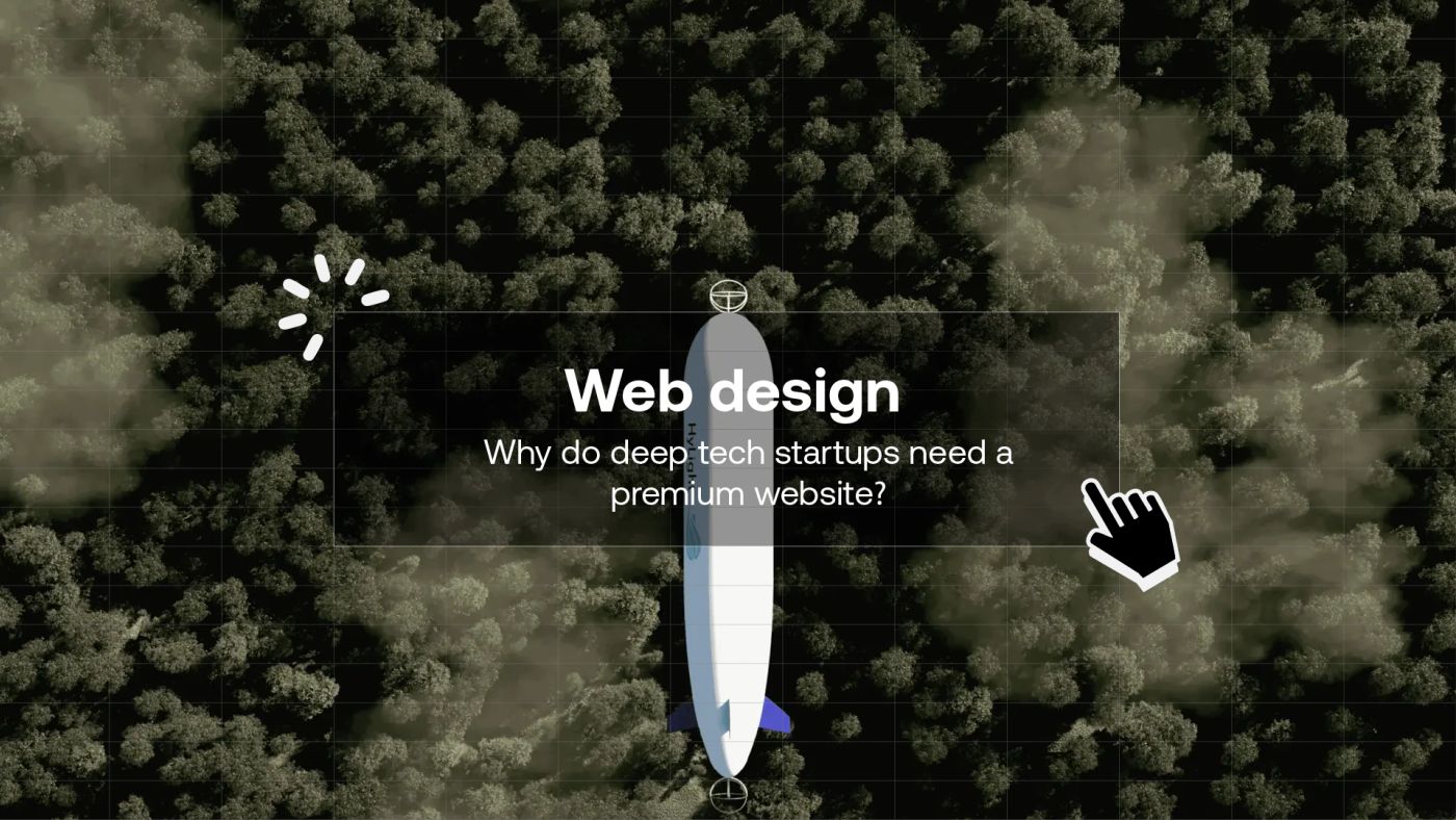 Aerial view of a white airship above a dense forest, overlaid with a “Web design” title card