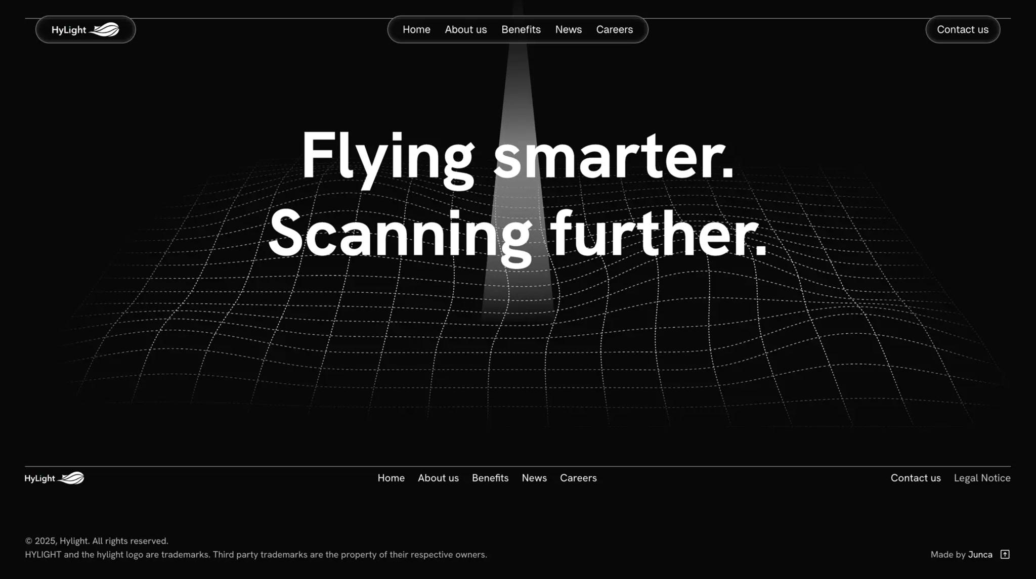 Hylight footer: “Flying smarter. Scanning further.” over a wireframe landscape lit by a beam