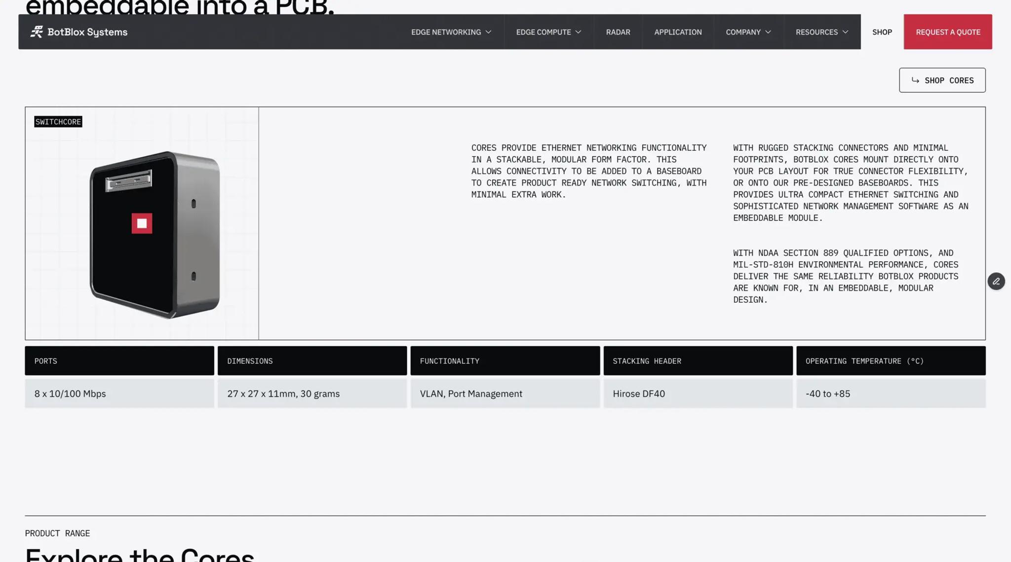 BotBlox Systems product page: the SwitchCore module with its specifications, from ports to operating temperature