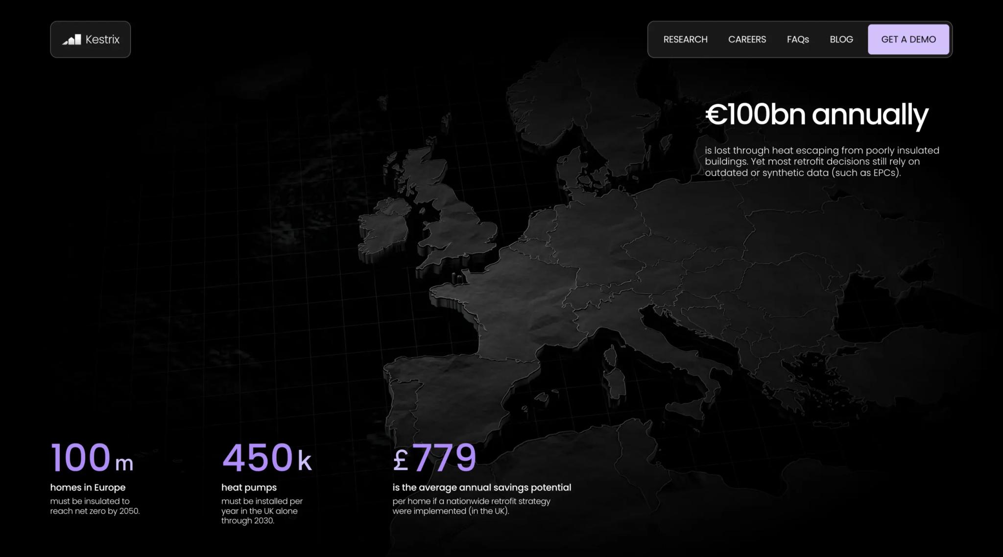 Kestrix website: a dark map of Europe with key figures, €100bn lost every year through heat escaping buildings