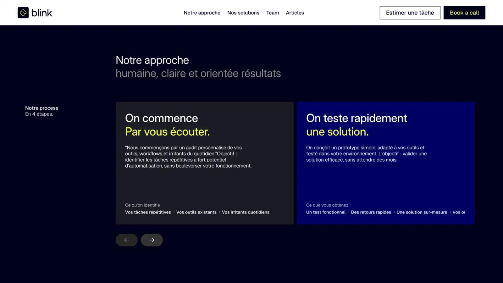 Blink website: the “Notre approche” section, two process cards on a navy background