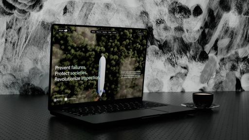The Hylight website open on a laptop: an airship over a forest and the headline “Prevent failures. Protect societies. Revolutionize inspection.”