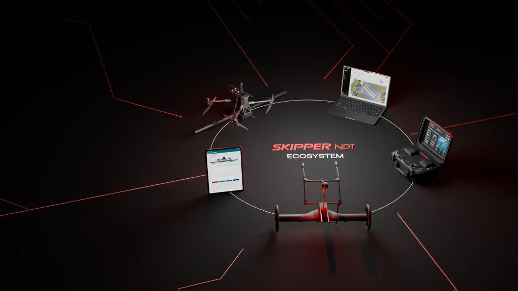 The Skipper NDT ecosystem on black: a drone, a laptop, a tablet, a rugged case and a sensor cart arranged in a circle