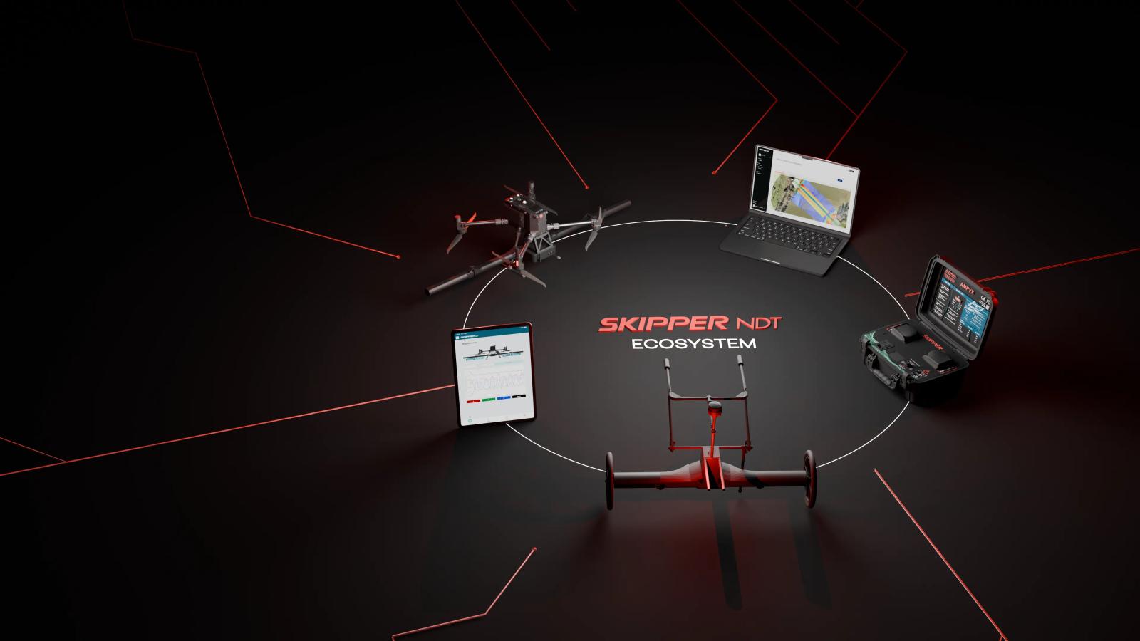 The Skipper NDT ecosystem on black: a drone, a laptop, a tablet, a rugged case and a sensor cart arranged in a circle