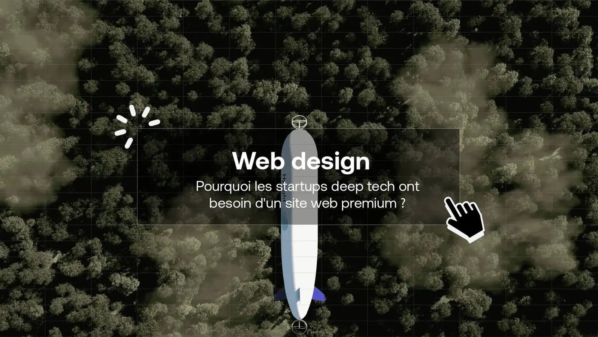 Aerial view of a white airship above a dense forest, overlaid with a “Web design” title card