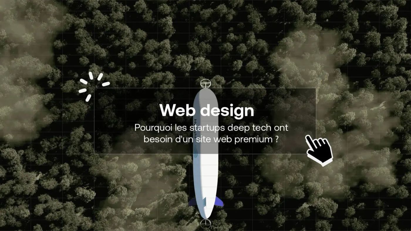 Aerial view of a white airship above a dense forest, overlaid with a “Web design” title card