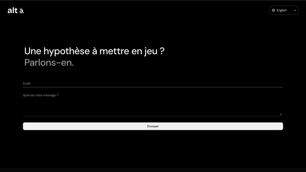 Alt-a contact section: “Une hypothèse à mettre en jeu ? Parlons-en.” above an email and message form