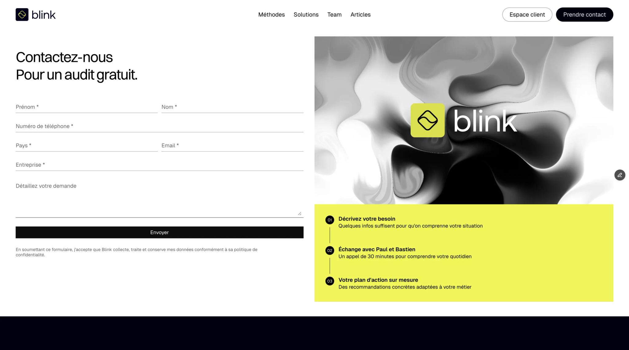Blink contact page: a free audit request form next to the Blink logo on a black and white fluid visual