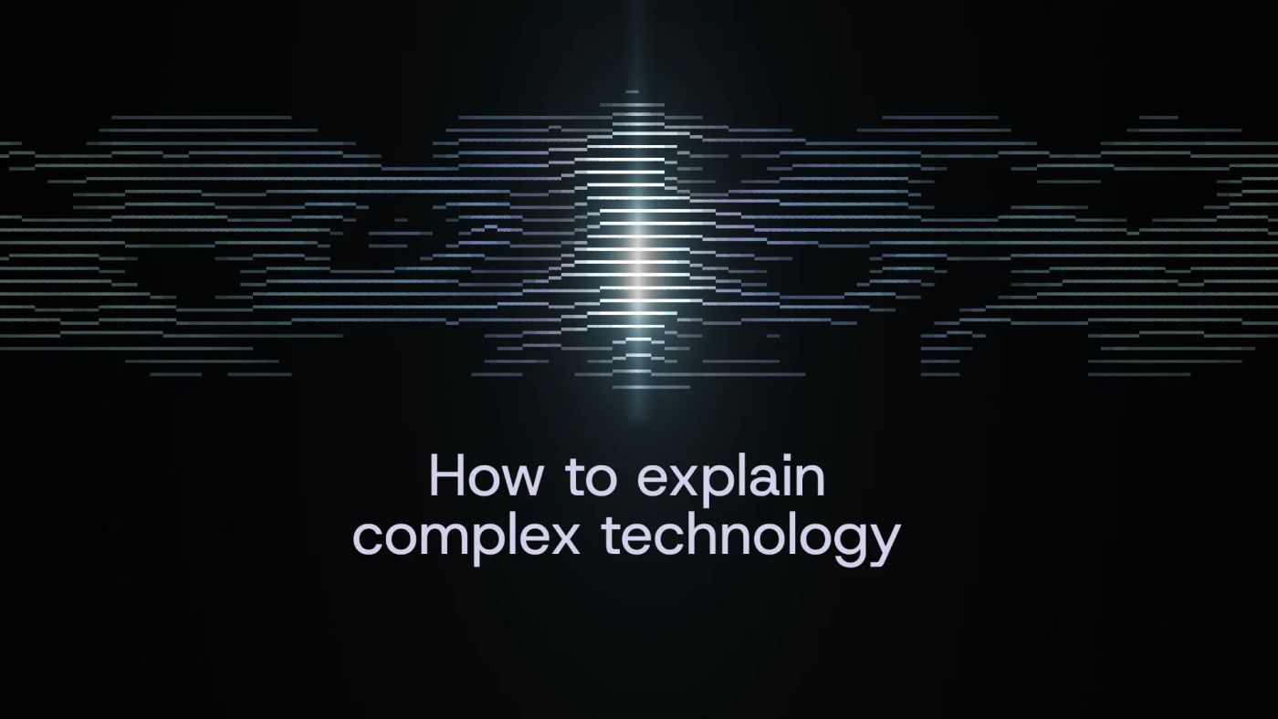Horizontal lines of light gathering around a bright vertical beam, above the words “How to explain complex technology”