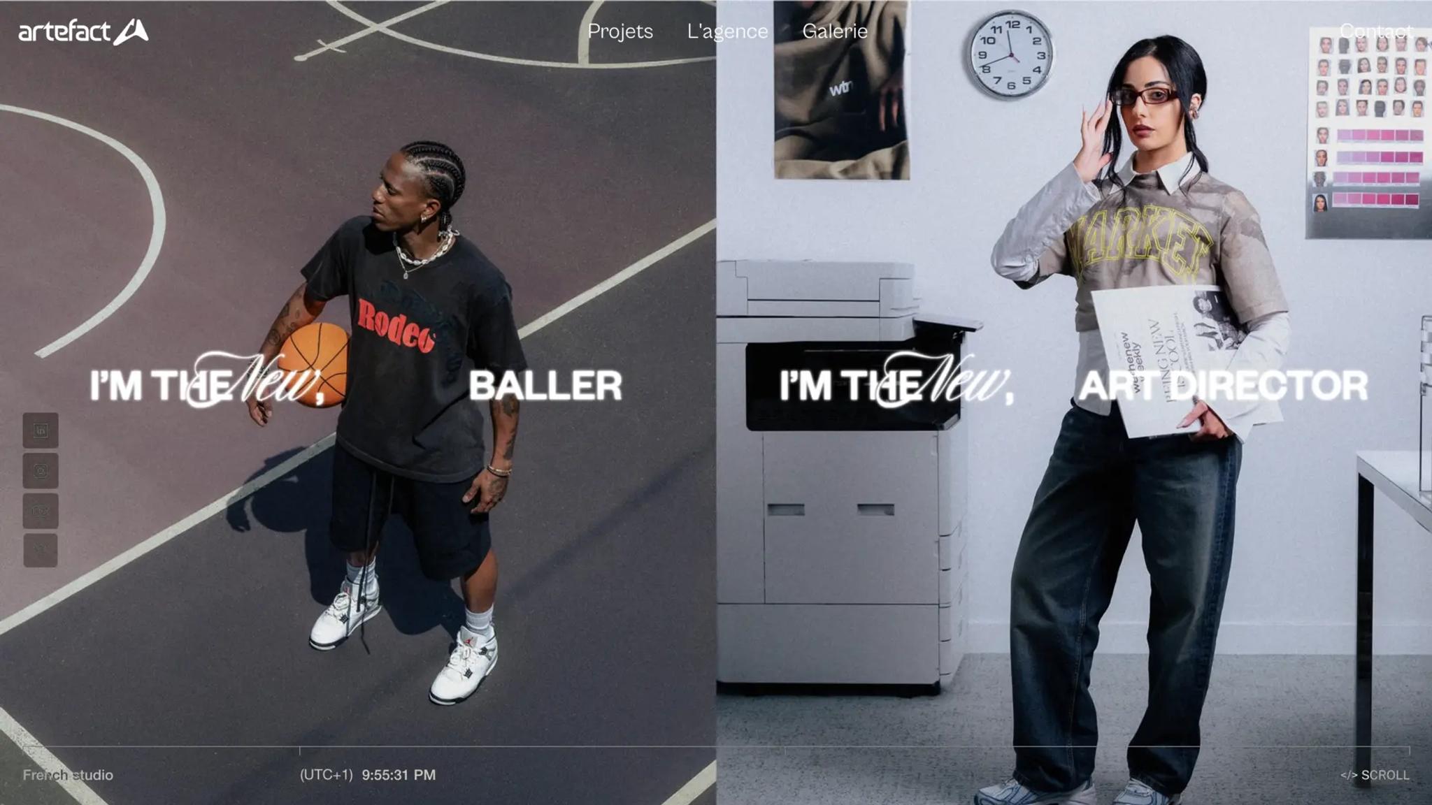 Artefact page: two portraits side by side, a basketball player and an art director, each captioned “I’m the new”