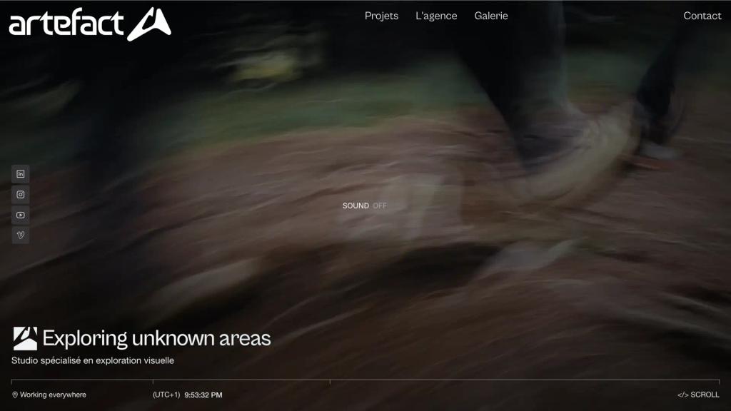 Artefact homepage in motion: a blurred forest shot behind the line “Exploring unknown areas”