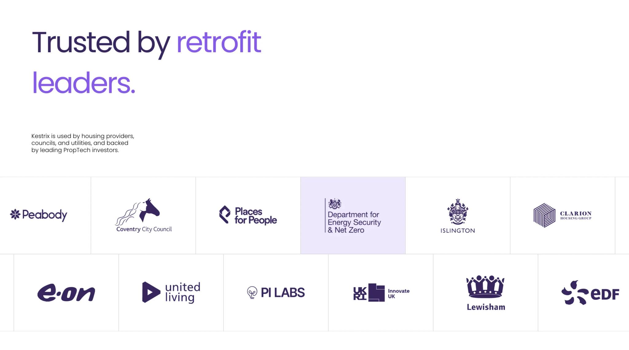 Kestrix website: “Trusted by retrofit leaders.” above a logo wall including Peabody, E.ON, EDF and Innovate UK