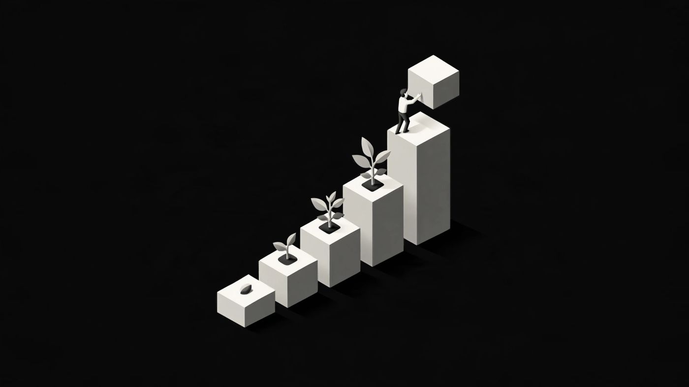 Isometric white blocks rising like stairs on black, a seed sprouting on each step and a figure placing the top block