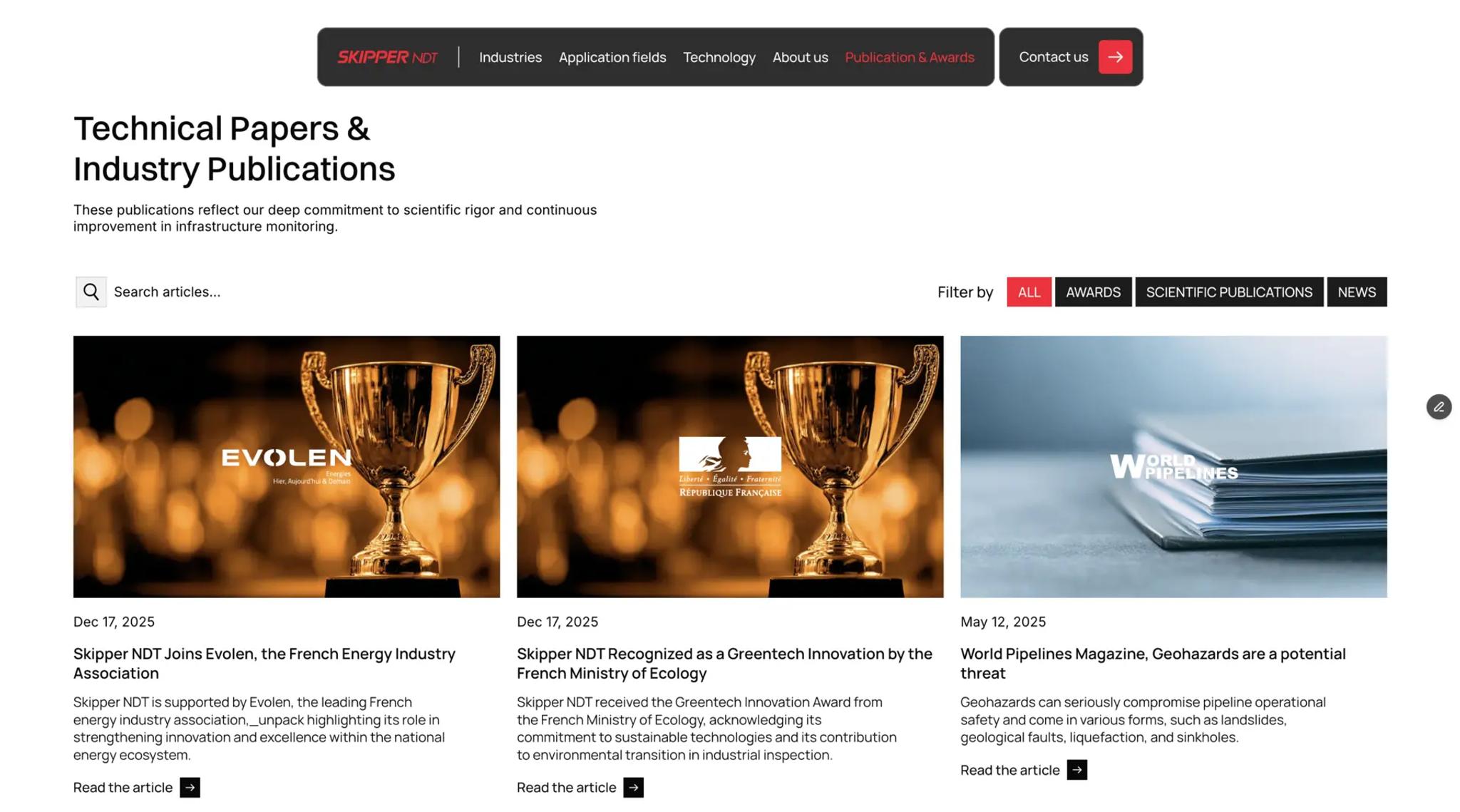 Skipper NDT publications page: award and whitepaper cards, including a Greentech Innovation award from the French Ministry of Ecology