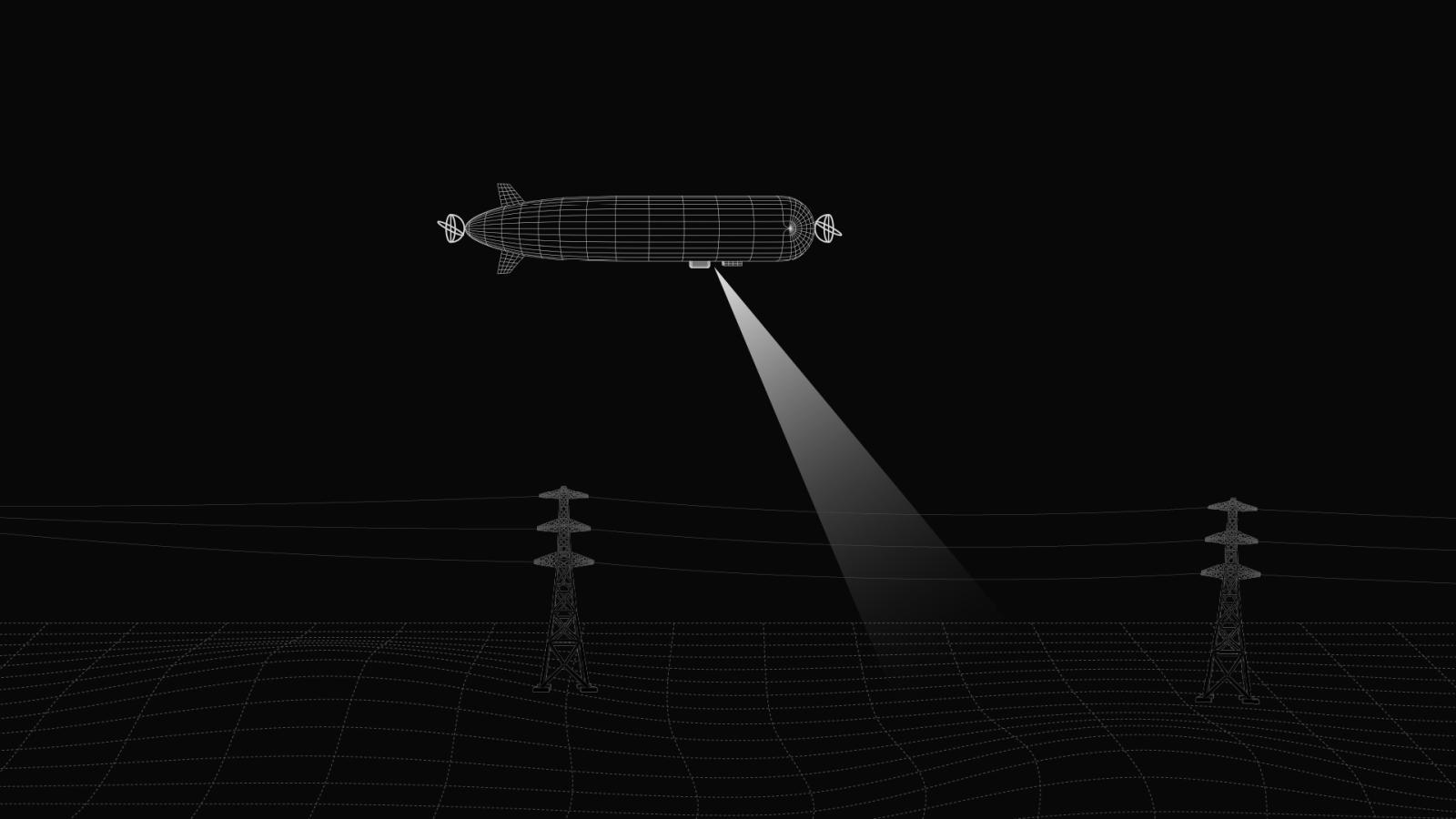 Hylight website: a wireframe airship scanning a power line with a beam of light, on black