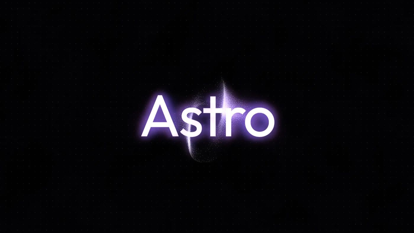 The Astro wordmark glowing purple on a black starfield