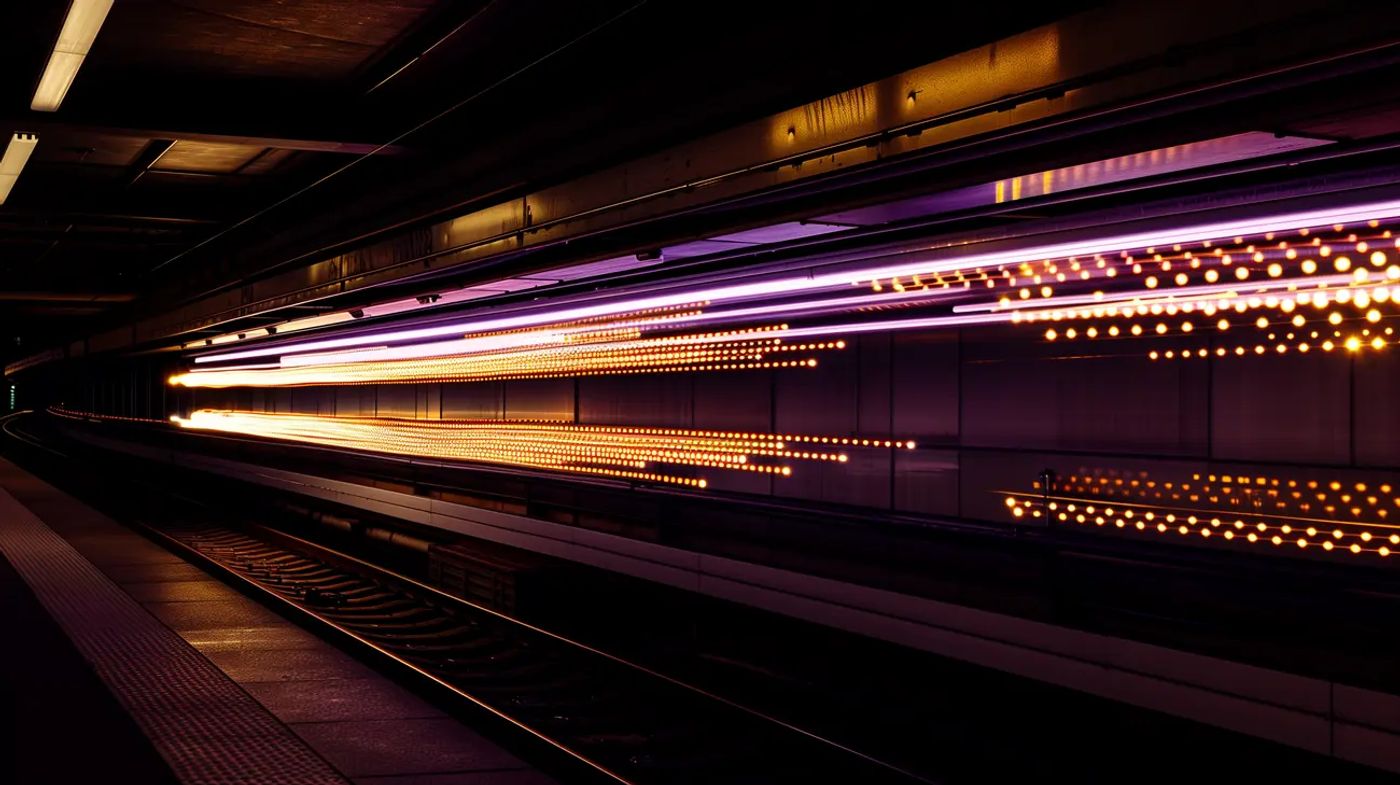 Pink and orange light trails streaking along an empty underground platform