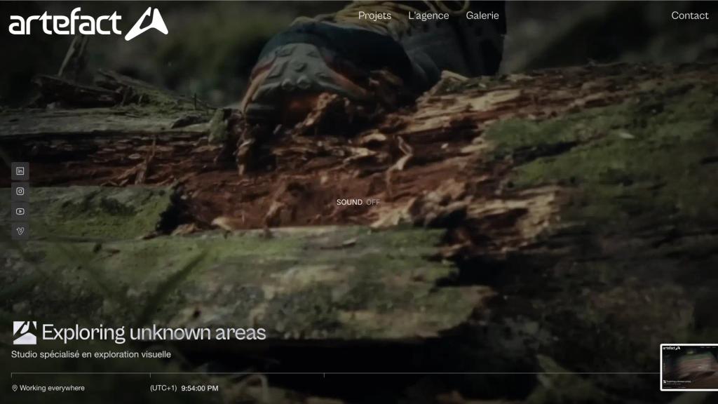 Artefact homepage: a hiking boot on a mossy log in a dark forest, under the line “Exploring unknown areas”