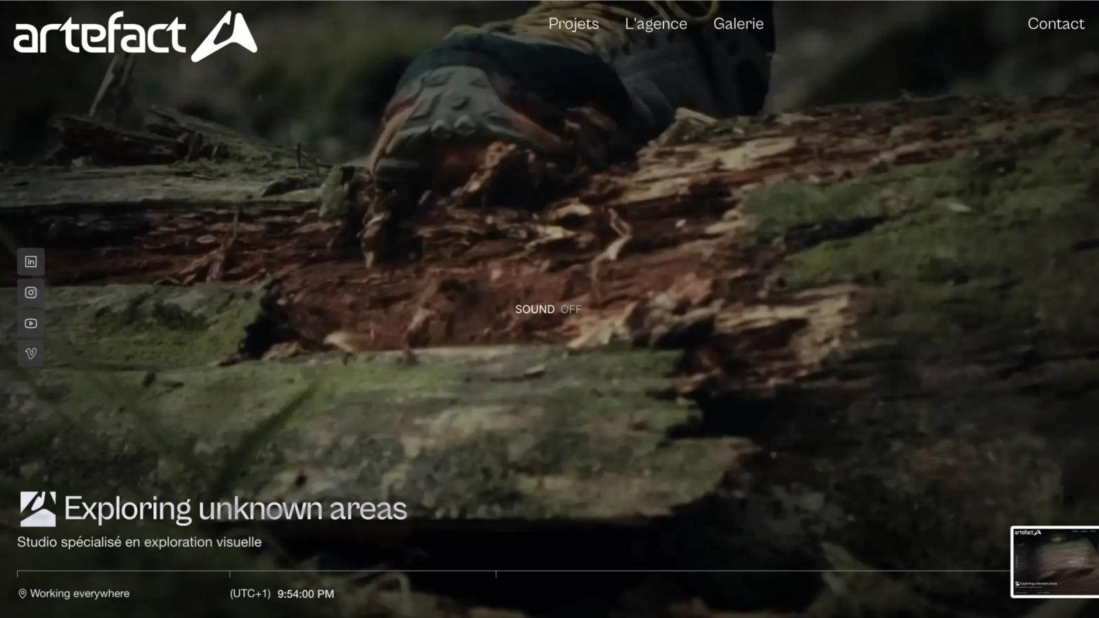 Artefact homepage: a hiking boot on a mossy log in a dark forest, under the line “Exploring unknown areas”