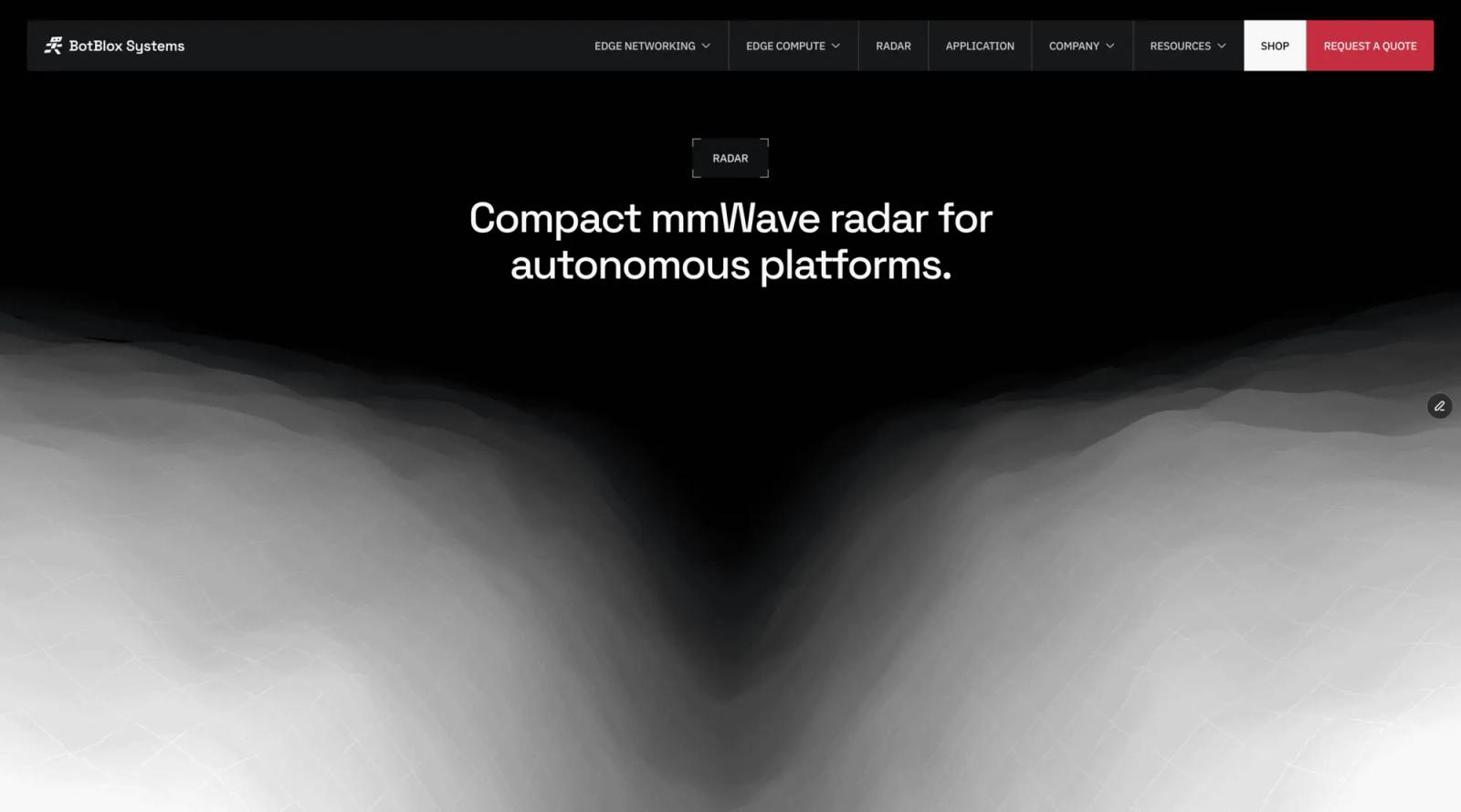 BotBlox Systems page: “Compact mmWave radar for autonomous platforms.” above a grey gradient landscape