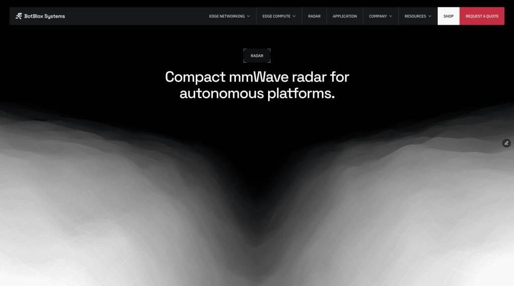 BotBlox Systems page: “Compact mmWave radar for autonomous platforms.” above a grey gradient landscape
