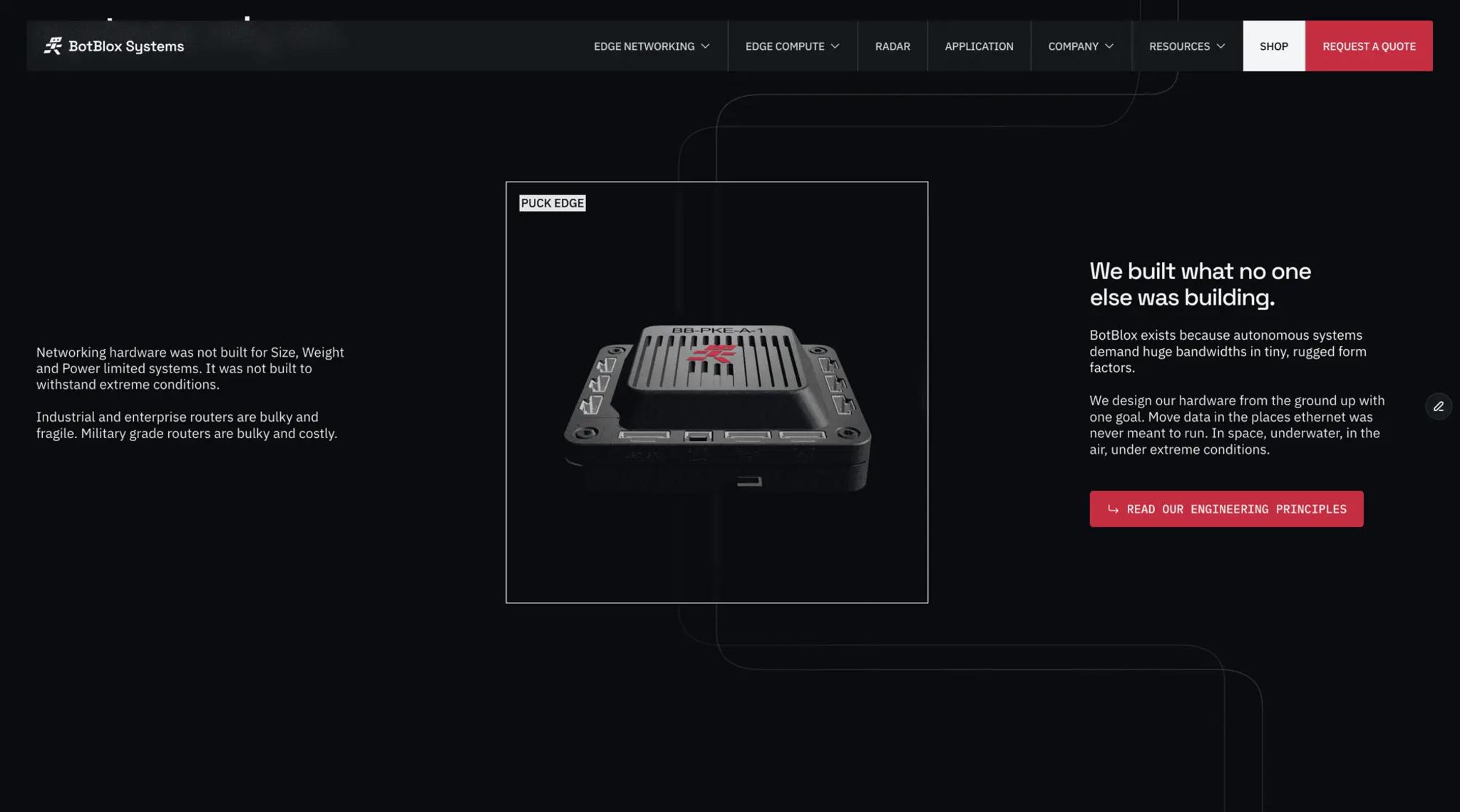 BotBlox Systems page: the Puck Edge enclosure beside the line “We built what no one else was building.”