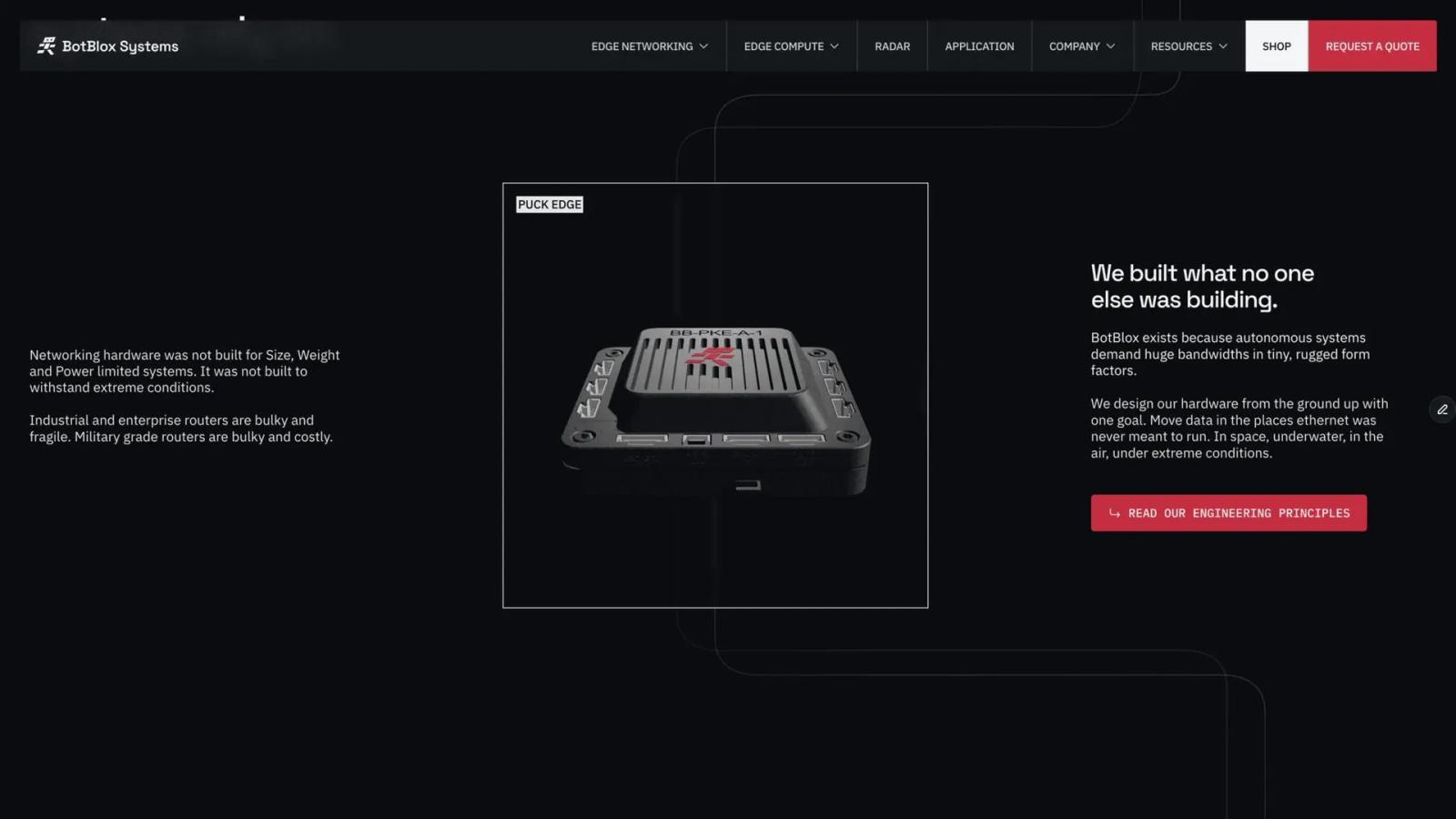 The BotBlox Systems website: the Puck Edge enclosure lit on black inside a thin frame, with circuit-like data paths around it and the line “We built what no one else was building”