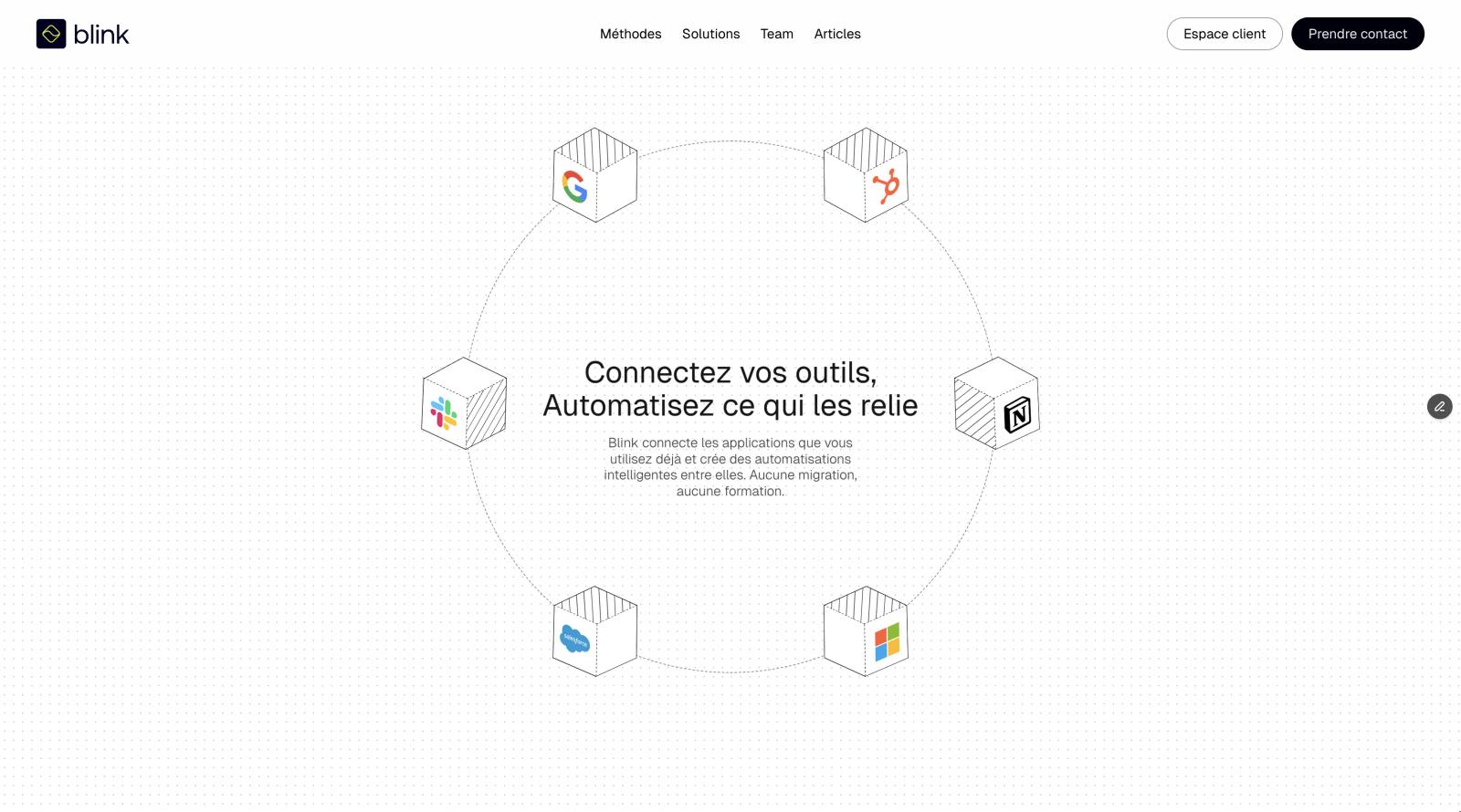 Blink website: “Connectez vos outils, automatisez ce qui les relie” circled by app icons such as Google, HubSpot, Notion and Slack