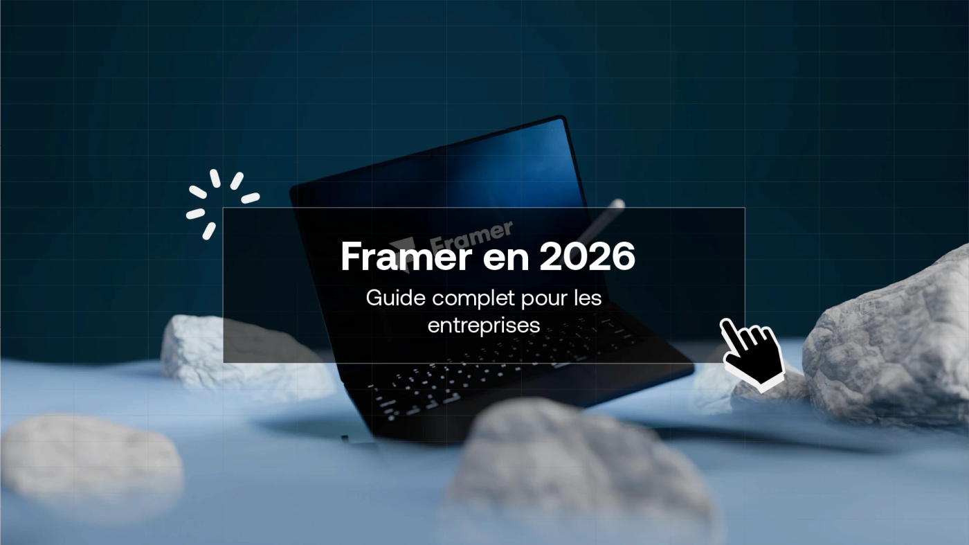 A laptop tilted among white rocks in blue mist, with a title card reading “Framer en 2026”