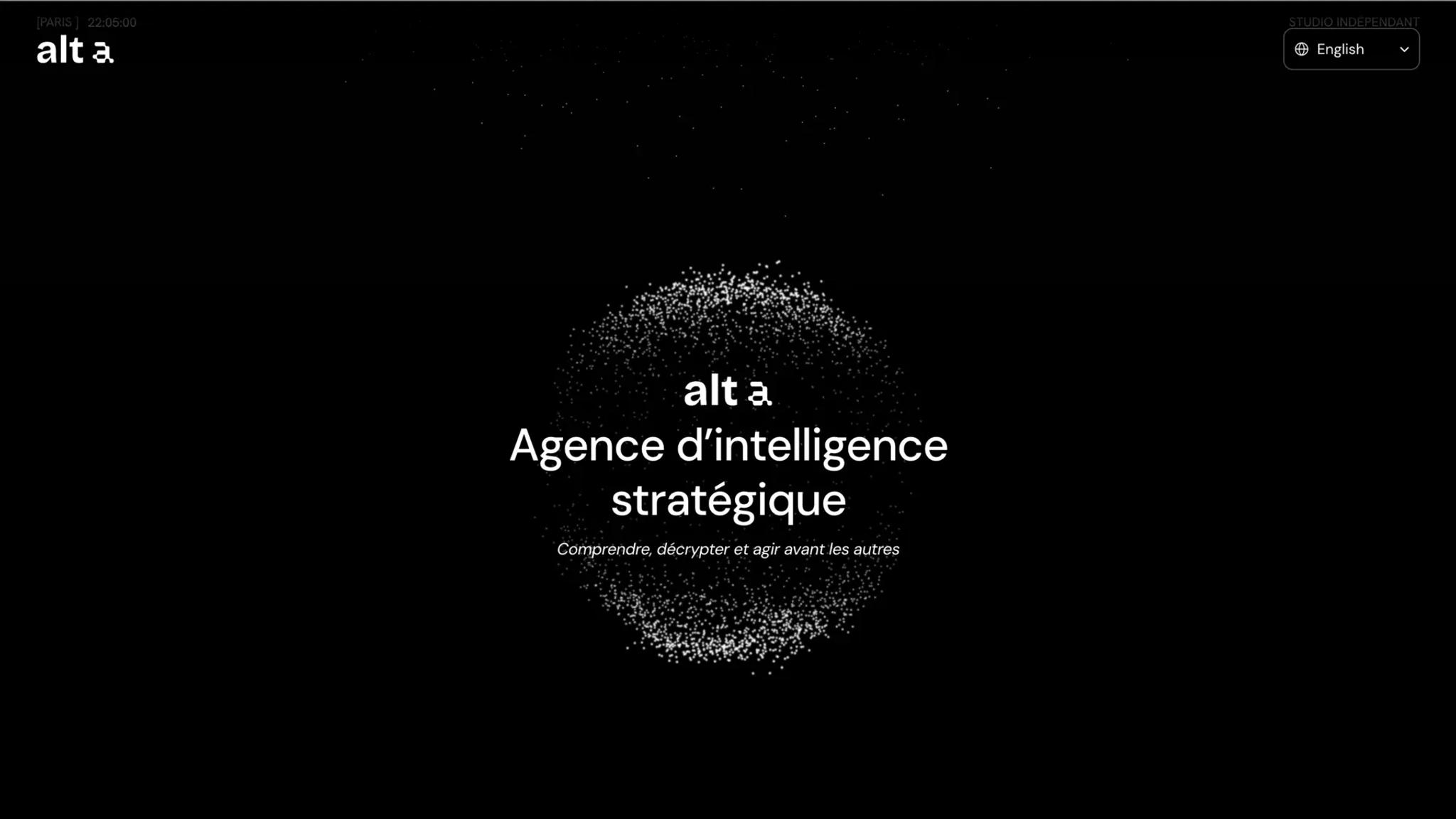 Alt-a intro screen: “Agence d’intelligence stratégique” inside a sphere of white particles on black