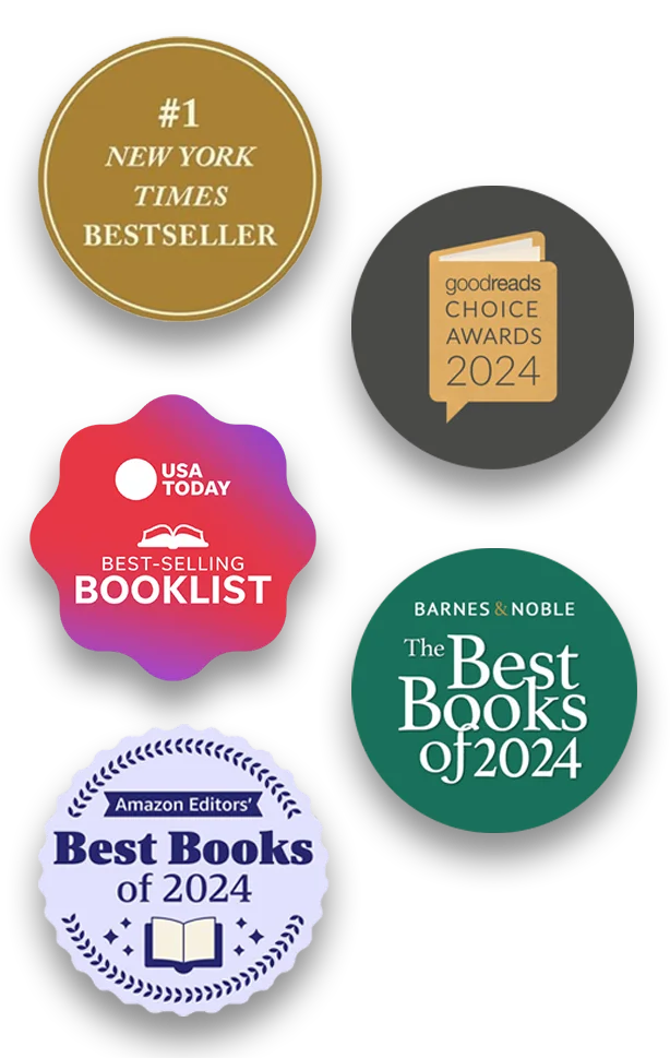 Badges indicating: #1 NYT bestseller, USA Today Best Seller, Barnes & Noble Best Books of the Year, Amazon Best Seller, Goodreads choice awards