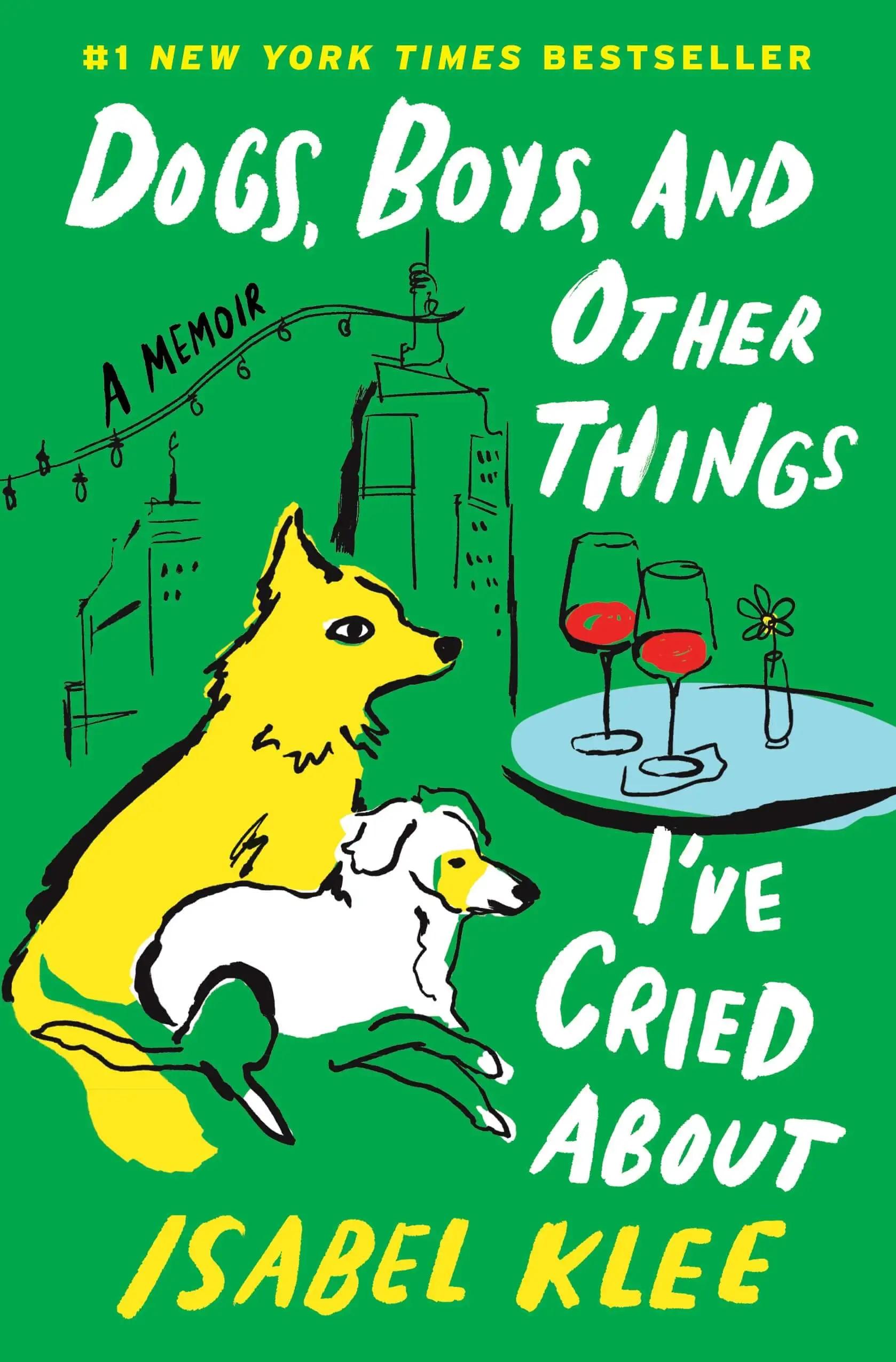 Book cover with illustration of dogs, city skyline, and a dinner table