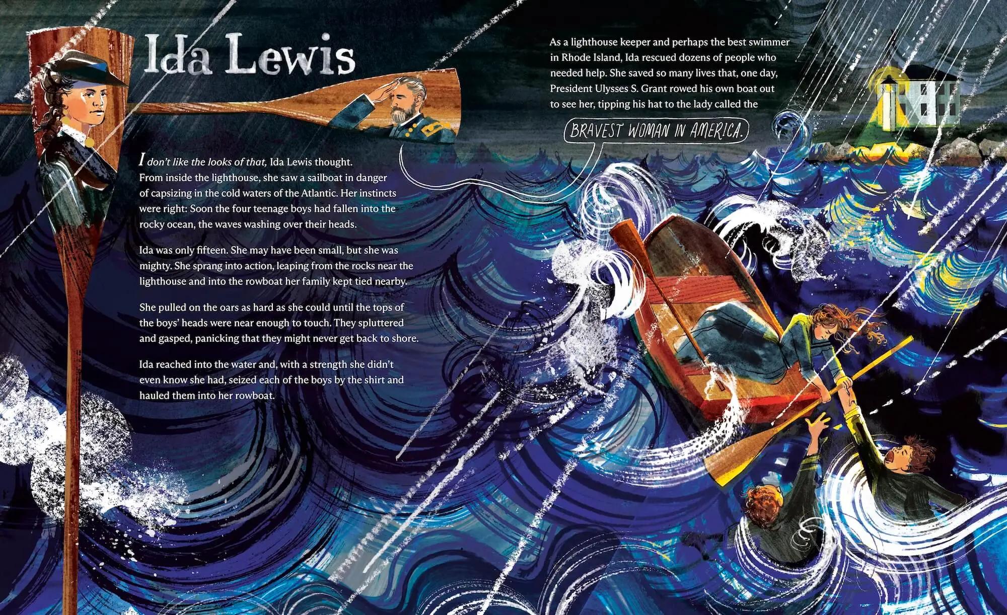 Spread from We Are Mighty featuring 15-year-old Lighthouse Keeper Ida Lewis