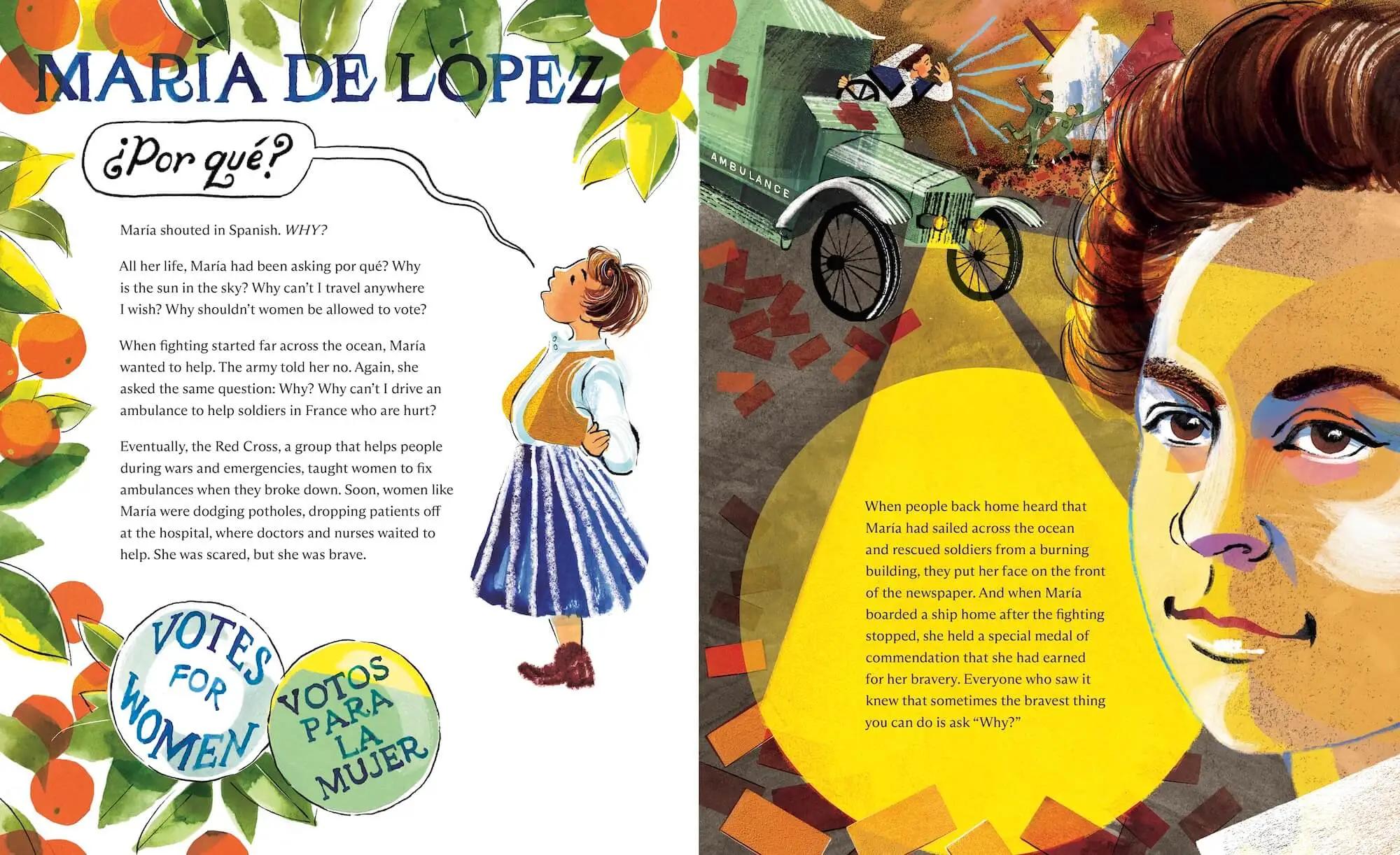 Spread from We Are Mighty depicting Maria De Lopez as a child and as an adult