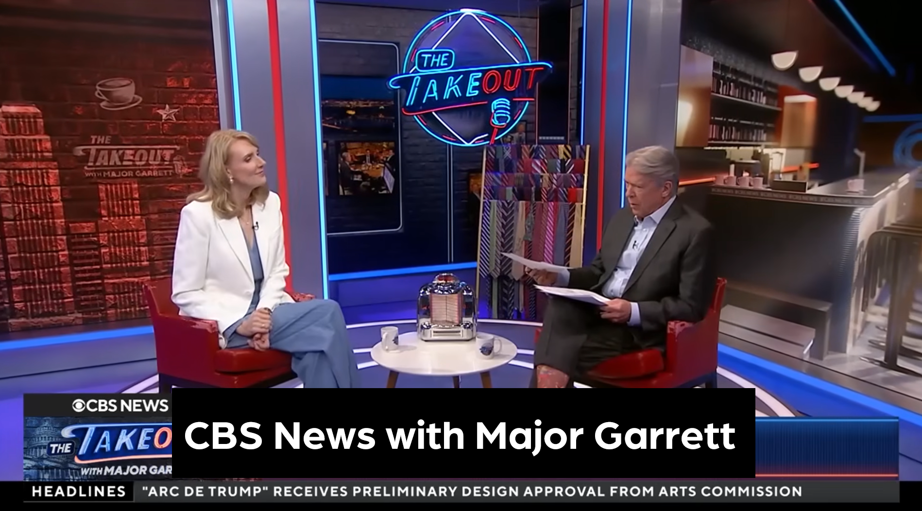 Sharon McMahon with Major Garrett on the CBS News set