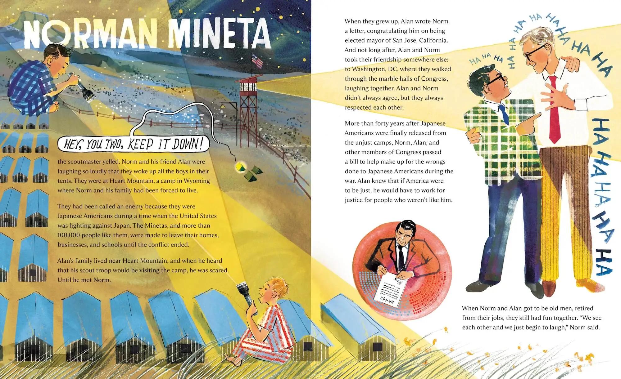 Spread from We Are Mighty featuring Japanese American Norman Mineta