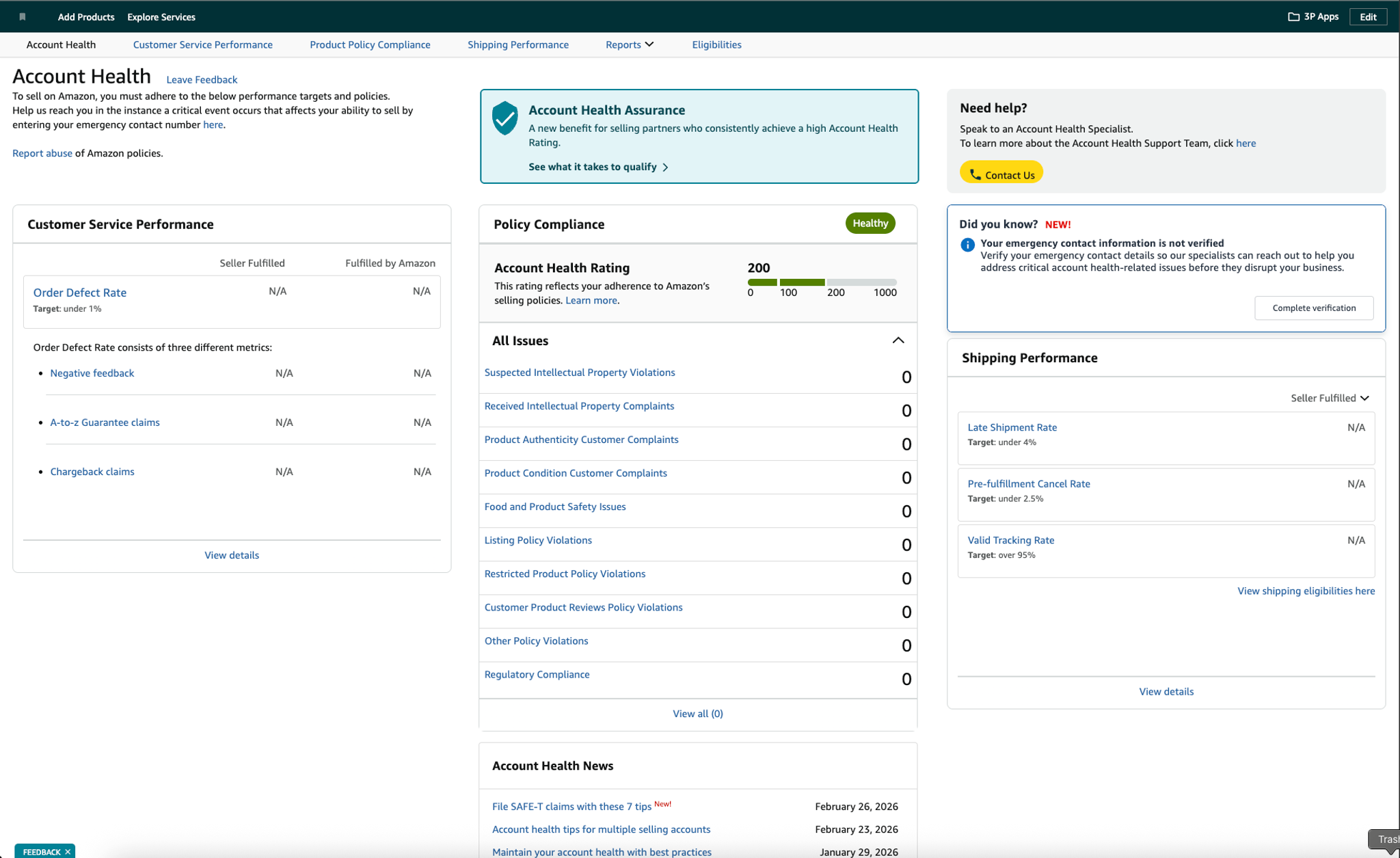 Amazon Seller Central Account Health dashboard showing compliance and shipping performance